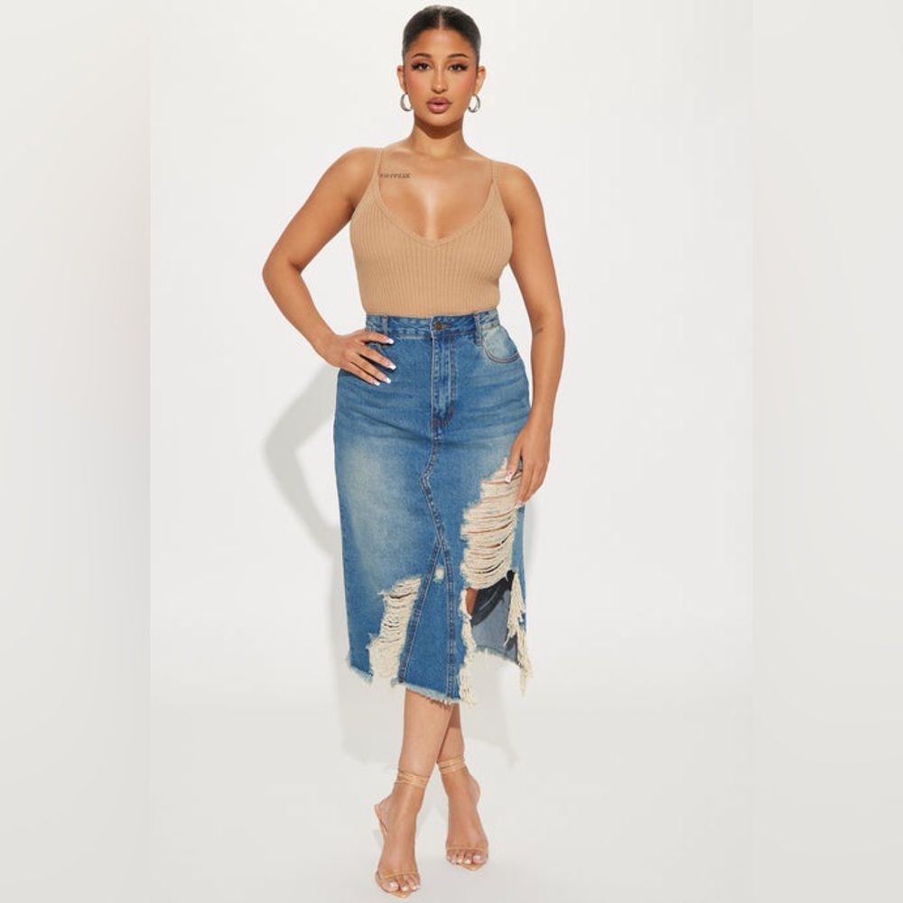 XL Distressed Denim Midi Skirt NWT | High Waist Ripped Jean